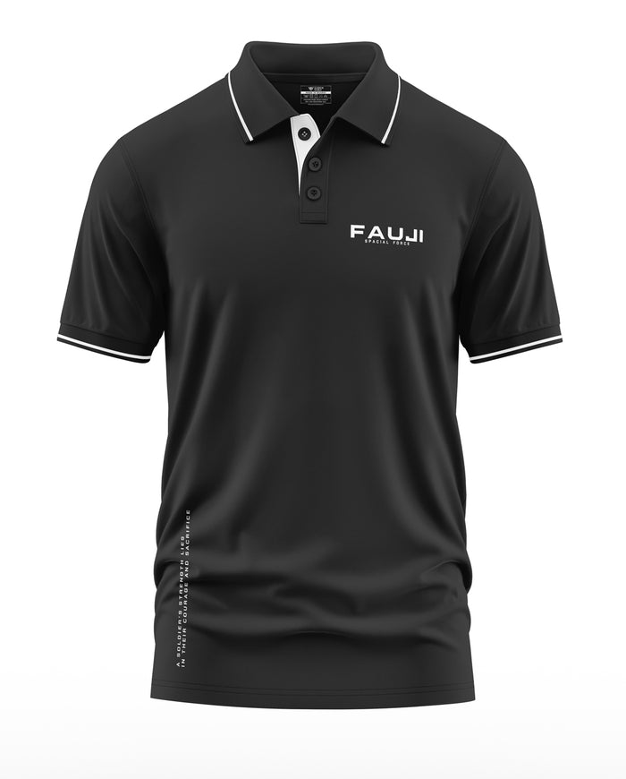 Black men's polo t-shirt with FAUJI Special Force text, white collar and sleeve piping