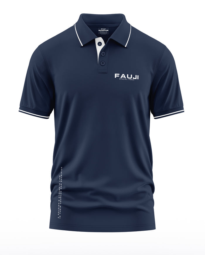Navy blue men's polo t-shirt with white trim, button placket, and 'FAUJI Special Force' text.