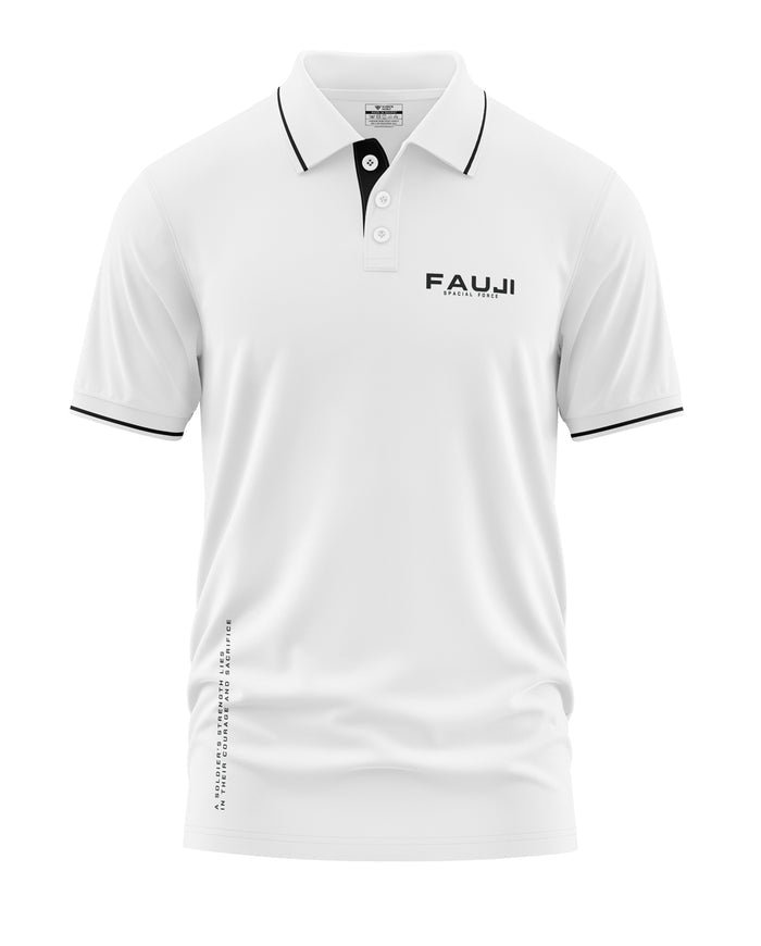 White men's polo t-shirt with black accents, 'FAUJI Special Force' text on chest, short sleeves