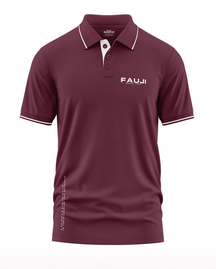 Men's maroon polo t-shirt with white collar trim and FAUJI Special Force logo, army-inspired style