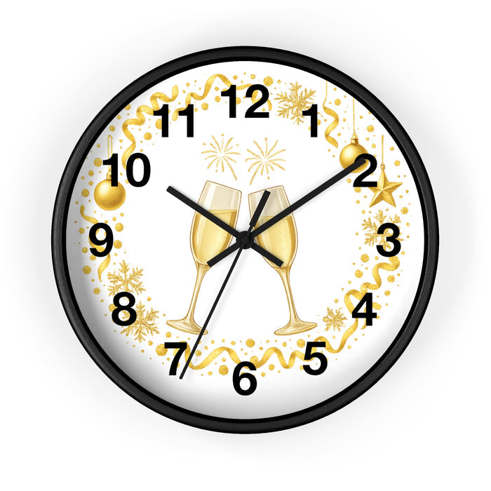Festive champagne wall clock with black frame and easy-hang design for party-inspired home decor