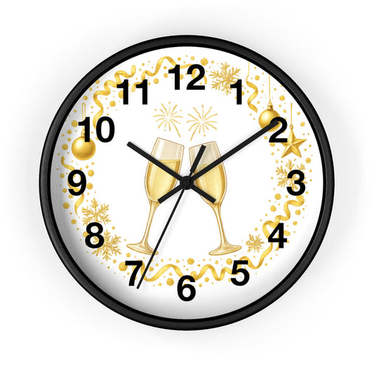 Festive champagne wall clock with black frame and easy-hang design for party-inspired home decor