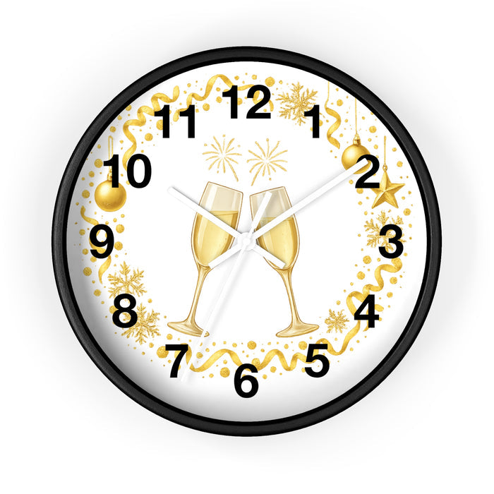 White frame festive wall clock with colorful champagne artwork for modern living room decor