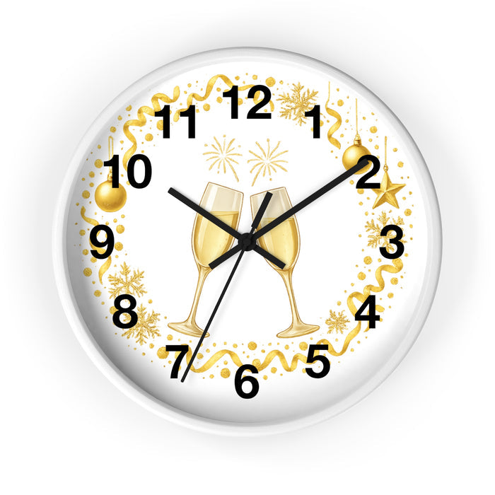 Natural wood festive wall clock with champagne glass artwork for warm celebration-themed interiors