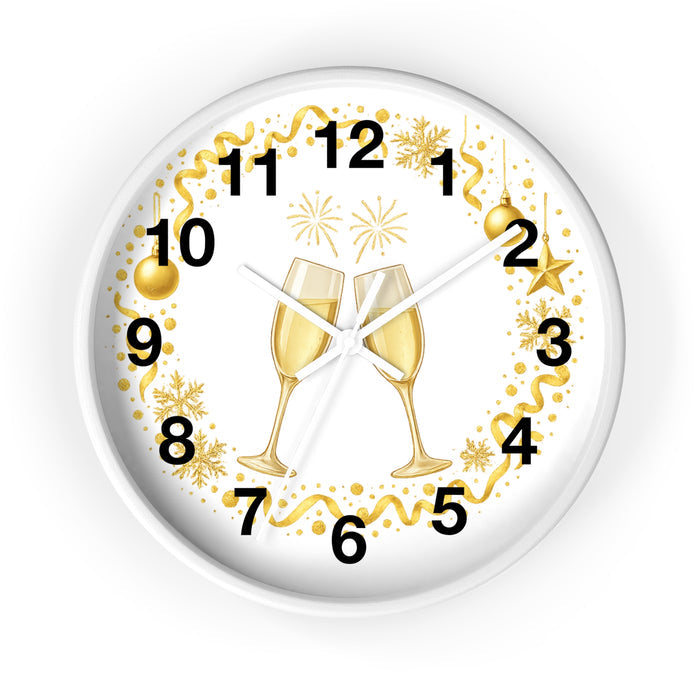 Close-up of festive wall clock with vibrant printed artwork and clear plexiglass face