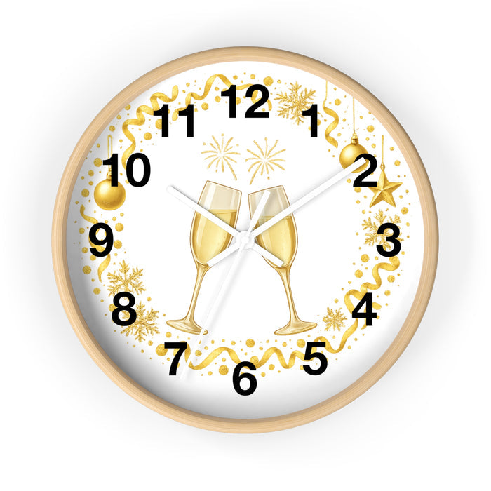 Champagne wall clock styled above a party table for New Year and celebration decor