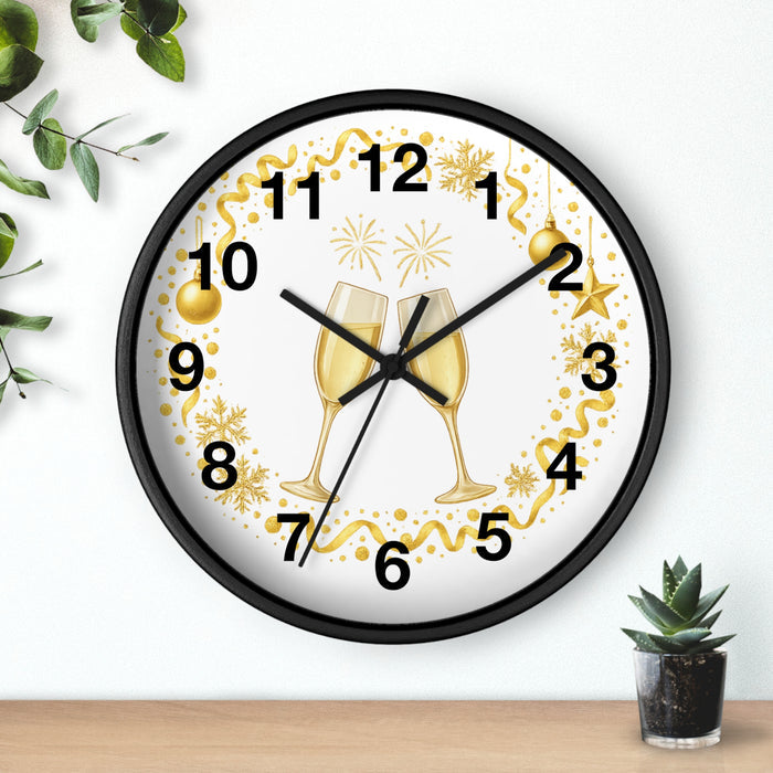 Square 10-inch wall clock with festive champagne artwork and black frame option