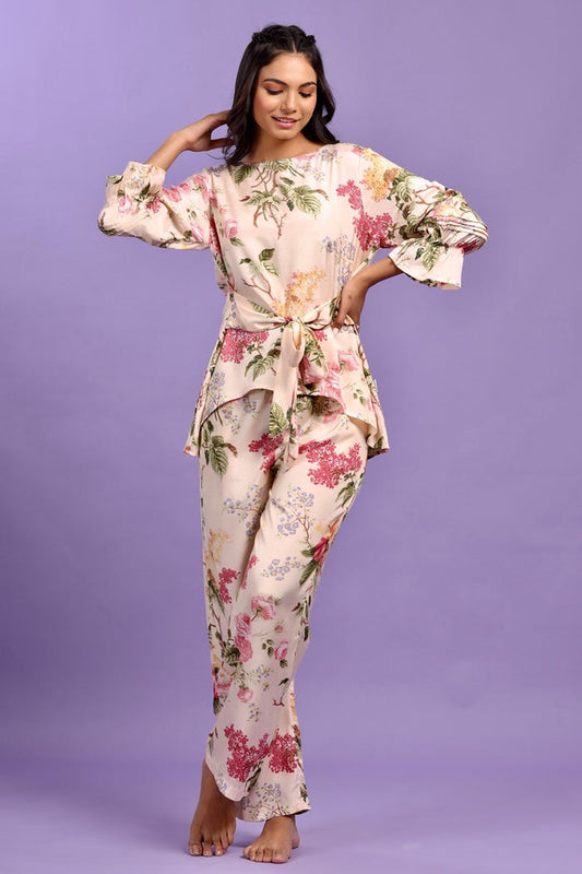 Floral Bouquet Cream Coloured Russian Silk Co-ord Set