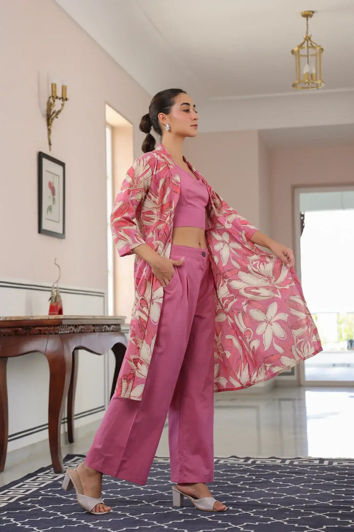 Floral Charm Pink Cotton Three Piece Co-ord Set