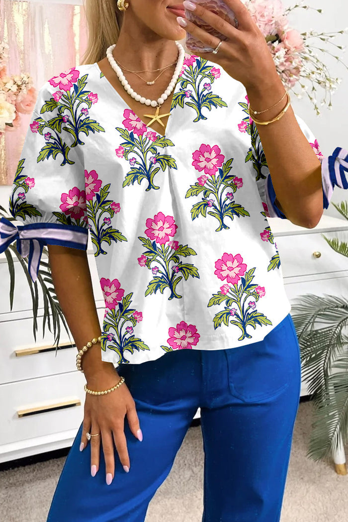 Floral Stripe Knot Bubble Sleeve V Neck Blouse - White / S - Tops/Blouses & Shirts