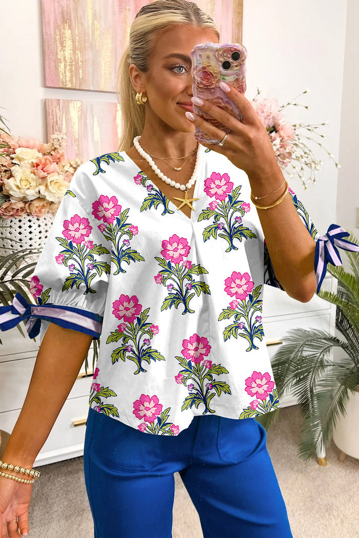 Floral Stripe Knot Bubble Sleeve V Neck Blouse - Tops/Blouses & Shirts