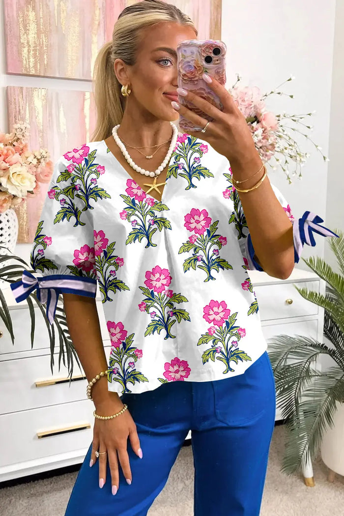 Floral Stripe Knot Bubble Sleeve V Neck Blouse - Tops/Blouses & Shirts