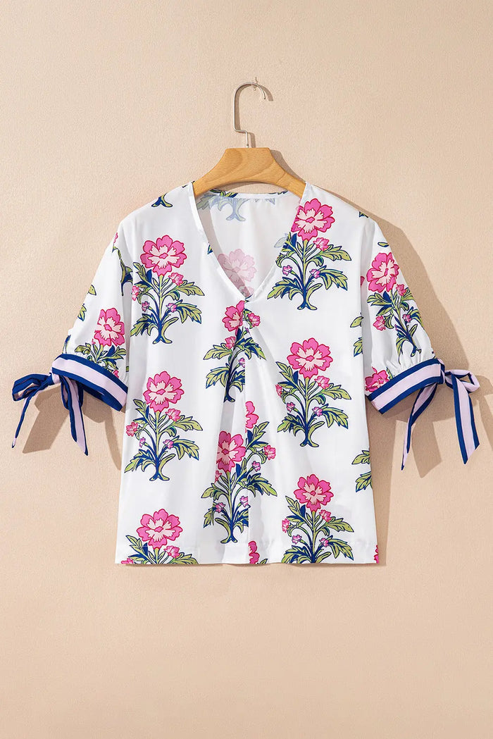 Floral Stripe Knot Bubble Sleeve V Neck Blouse - Tops/Blouses & Shirts