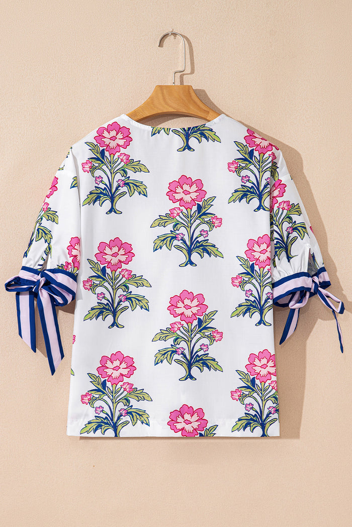 Floral Stripe Knot Bubble Sleeve V Neck Blouse - Tops/Blouses & Shirts