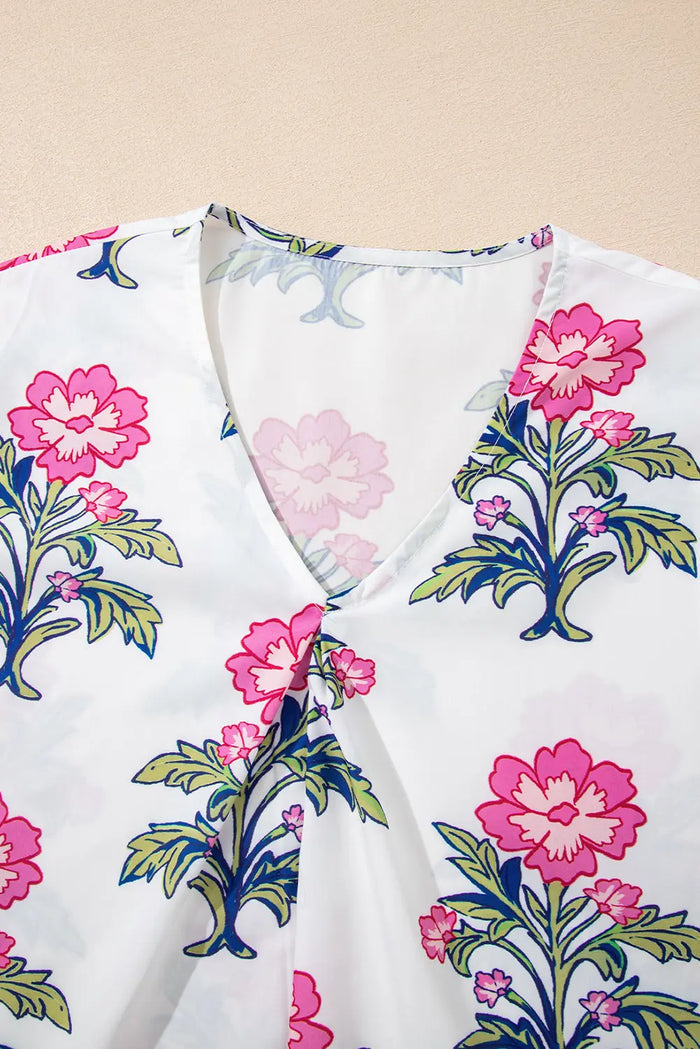 Floral Stripe Knot Bubble Sleeve V Neck Blouse - Tops/Blouses & Shirts