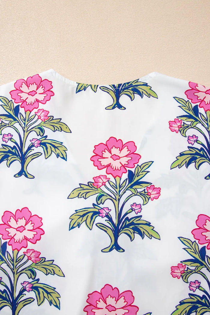 Floral Stripe Knot Bubble Sleeve V Neck Blouse - Tops/Blouses & Shirts