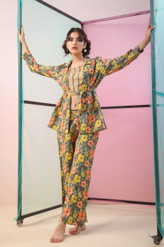 Florals on Grey Three Piece Cotton Co-ord Set