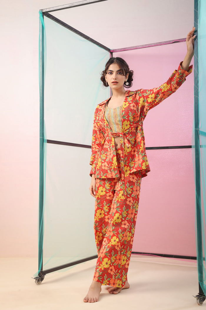 Florals on Red Three Piece Cotton Co-ord Set
