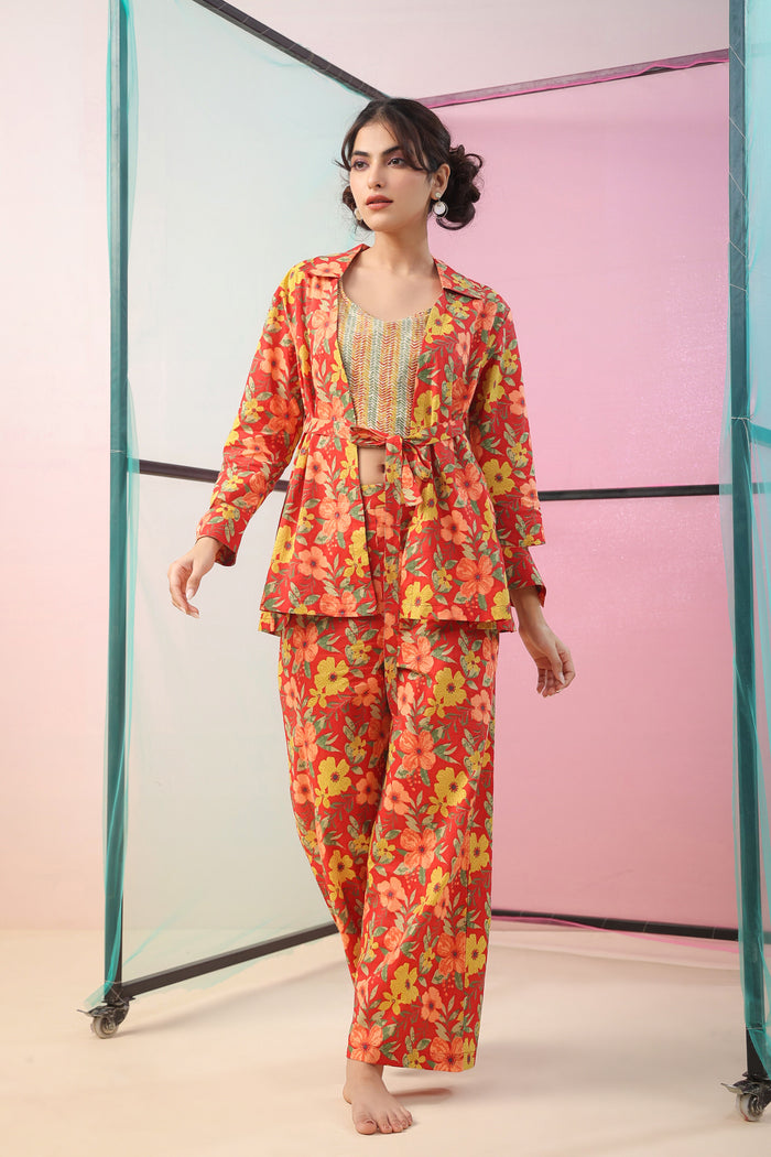 Florals on Red Three Piece Cotton Co-ord Set