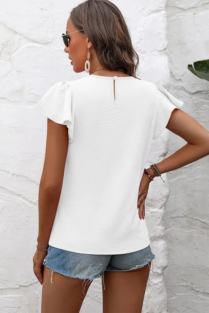 Flounce Sleeve Pleated Textured Blouse - Tops/Blouses & Shirts