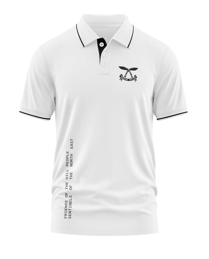 White men's polo t-shirt with black collar trim and Assam Rifles logo on the chest.