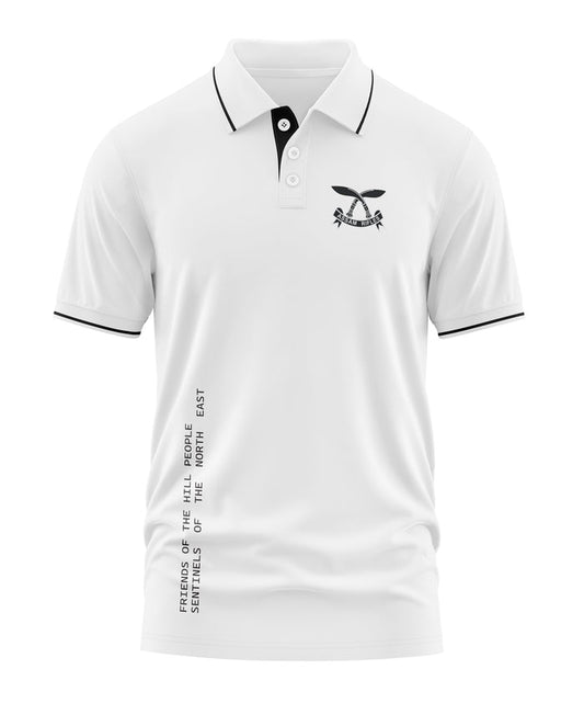 White men's polo t-shirt with black collar trim and Assam Rifles logo on the chest.