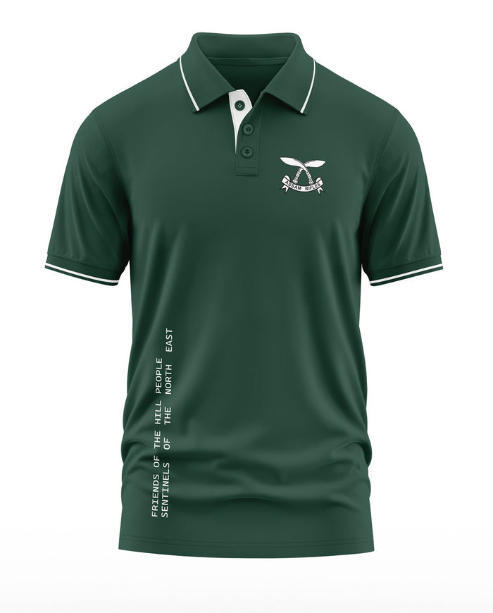Dark green men's polo t-shirt with Assam Rifles logo and white trim, army-inspired design