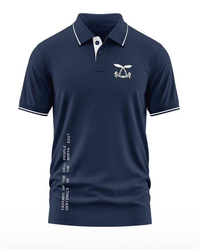 Navy blue men's polo T-shirt with white piping, military insignia and text graphic, short sleeves
