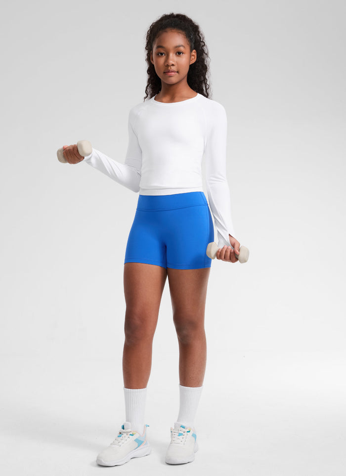 CRZ YOGA Girl's Butterluxe Casual High Rise No Front Seam Biker Shorts Sparkle Blue