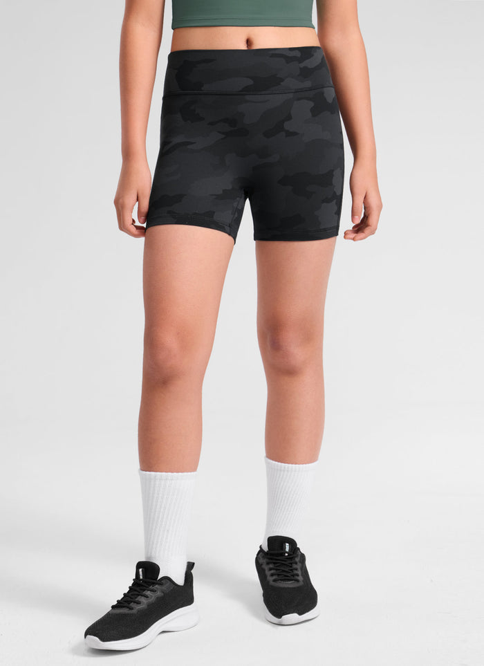 CRZ YOGA Girl's Butterluxe Casual High Rise No Front Seam Biker Shorts Dark Grey Camouflage 2