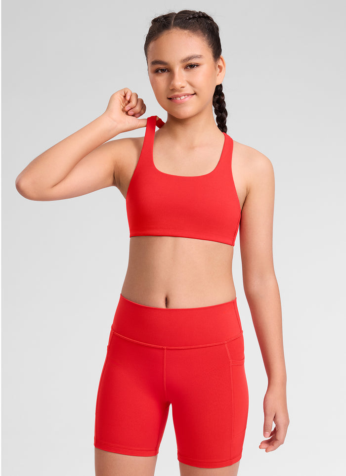 CRZ YOGA Girl's Butterluxe Casual U Neck RacerBack Mold Sports Bra Deep Red