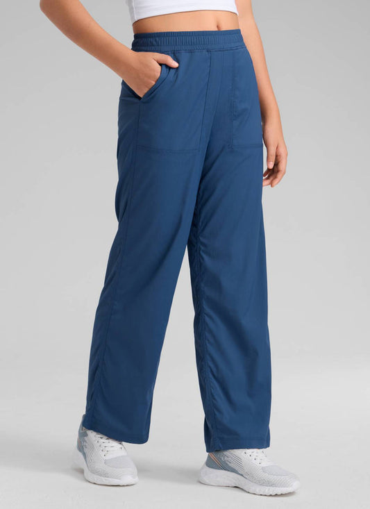 CRZ YOGA Girls Casual Mid Rise Drawstring Straight Leg Pocket Pant Pitch Blue