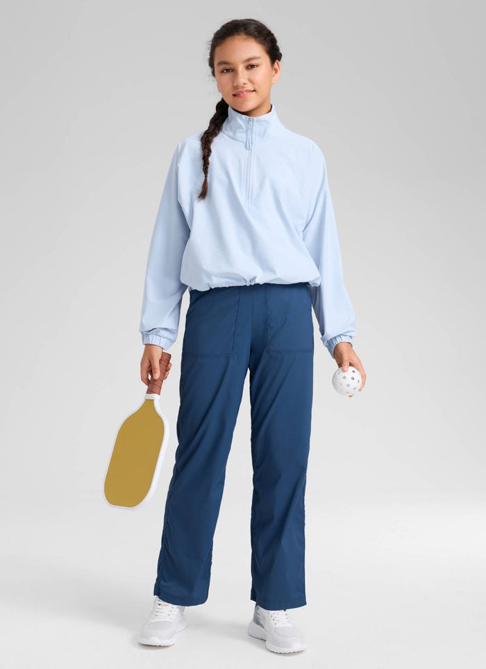 CRZ YOGA Girls Casual Mid Rise Drawstring Straight Leg Pocket Pant Pitch Blue
