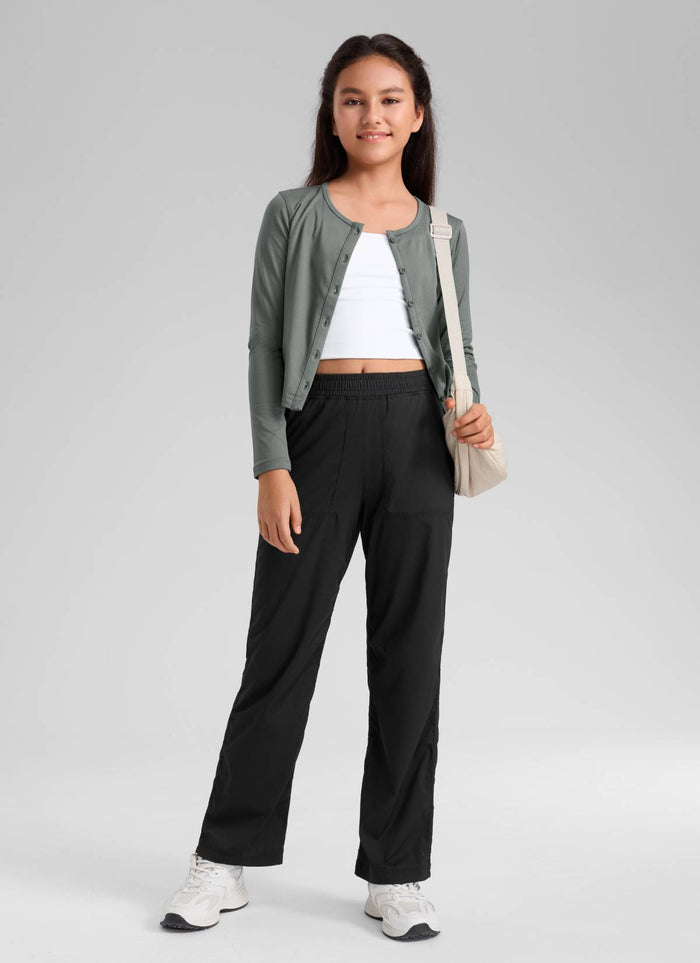 CRZ YOGA Girls Casual Mid Rise Drawstring Straight Leg Pocket Pant Black