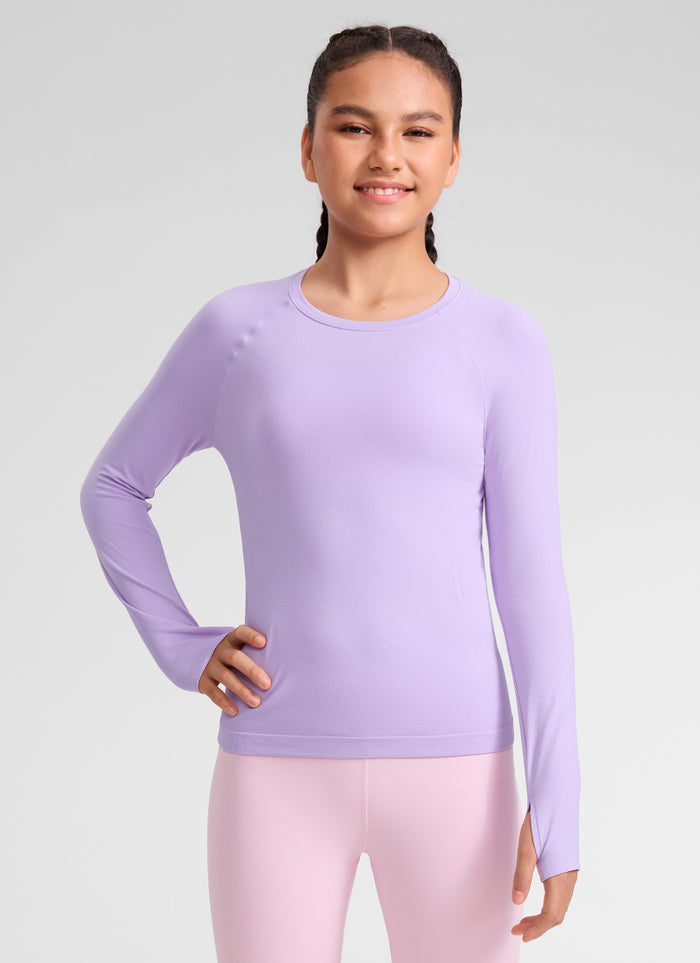 CRZ YOGA Girl's Seamless Sports Scoop Neck Hip length Long Sleeve Elfin Purple