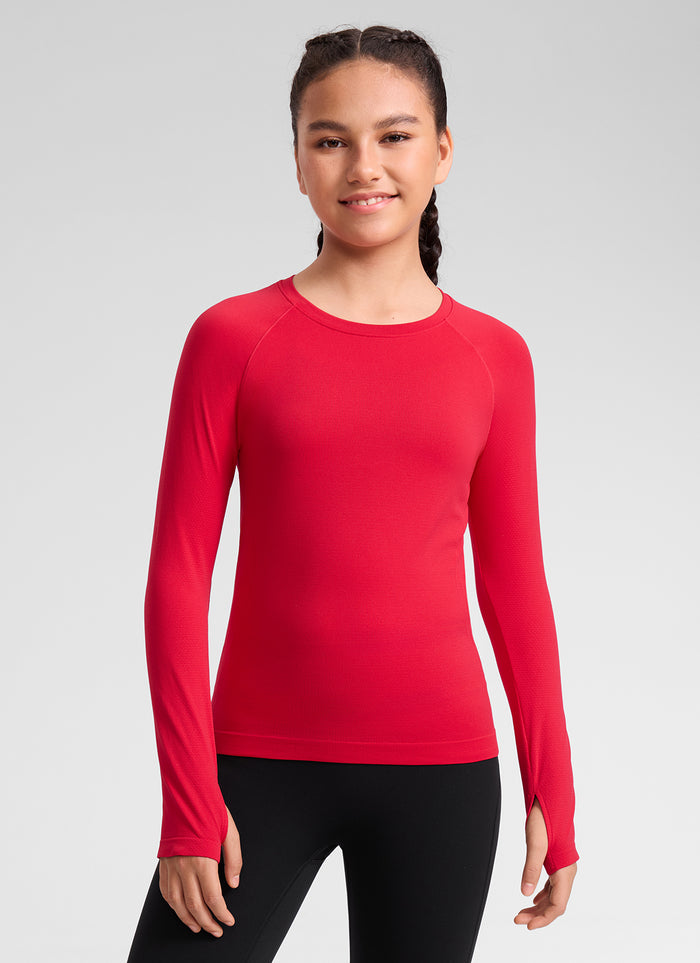 CRZ YOGA Girl's Seamless Sports Scoop Neck Hip length Long Sleeve Aurora Red