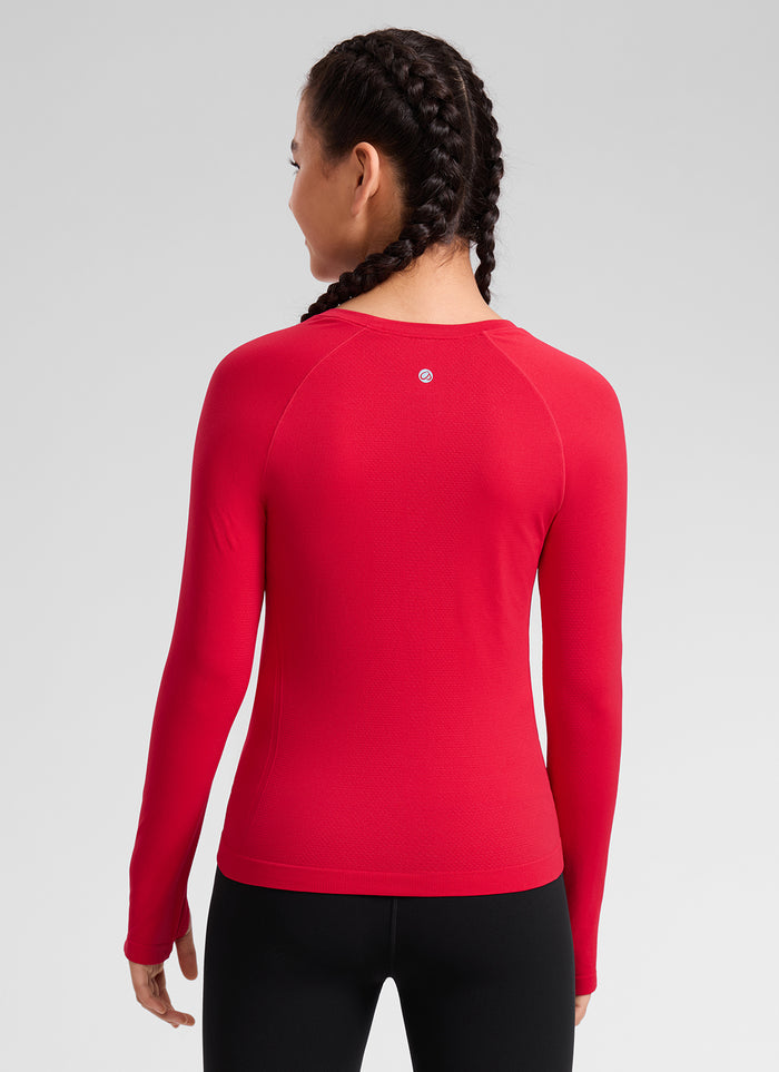 CRZ YOGA Girl's Seamless Sports Scoop Neck Hip length Long Sleeve Aurora Red