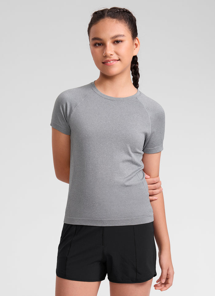 CRZ YOGA Girl's Seamless Crew Neck Hip Length Classic Fit Short Sleeve Slate Grey Marl