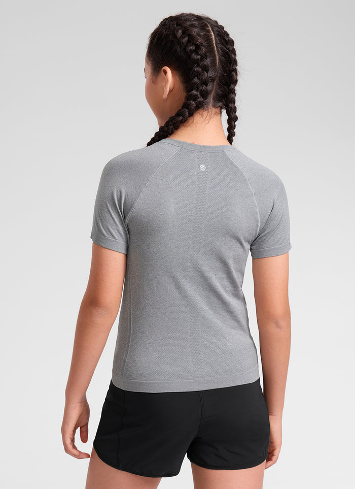 CRZ YOGA Girl's Seamless Crew Neck Hip Length Classic Fit Short Sleeve Slate Grey Marl
