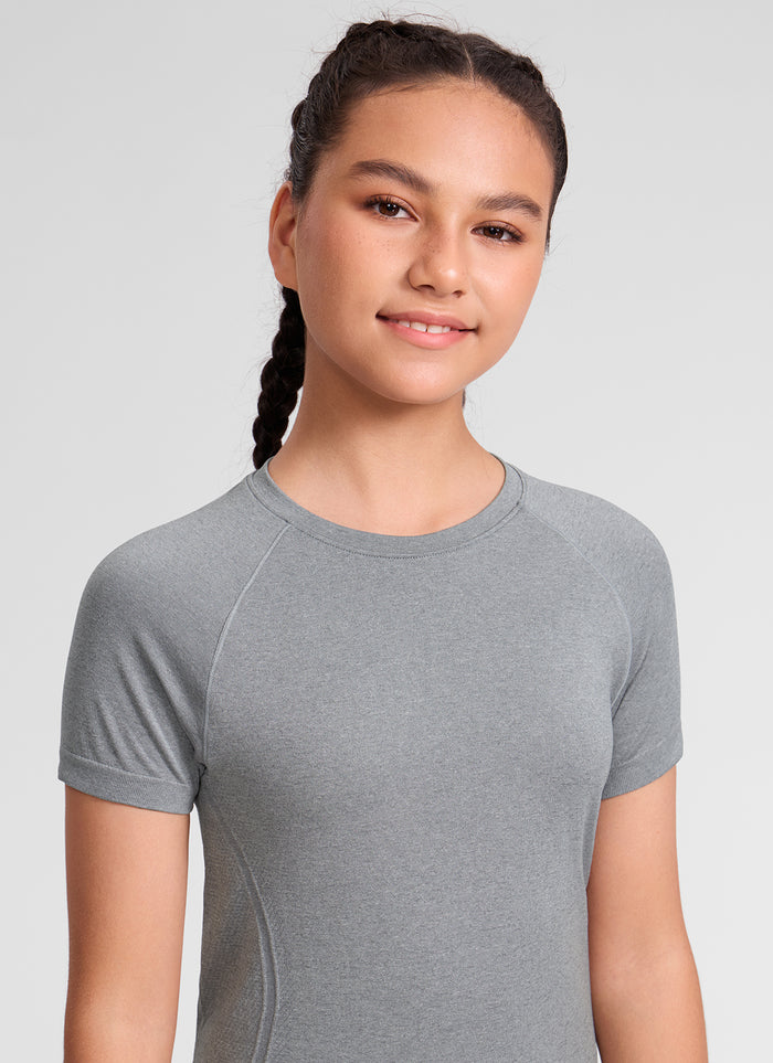 CRZ YOGA Girl's Seamless Crew Neck Hip Length Classic Fit Short Sleeve Slate Grey Marl