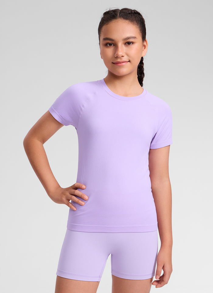 CRZ YOGA Girl's Seamless Crew Neck Hip Length Classic Fit Short Sleeve Elfin Purple