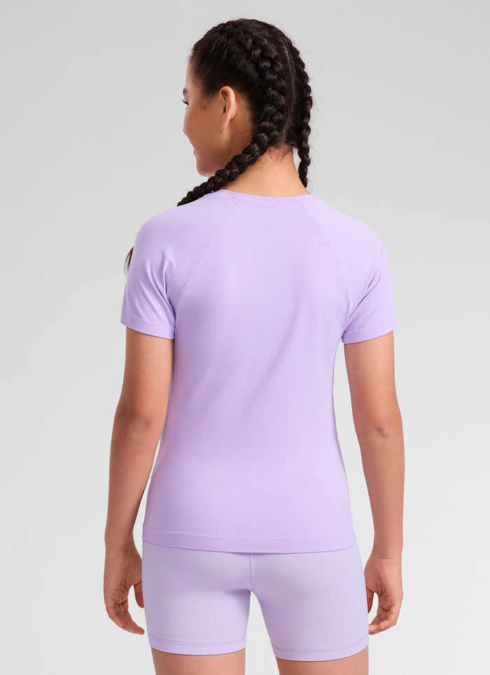 CRZ YOGA Girl's Seamless Crew Neck Hip Length Classic Fit Short Sleeve Elfin Purple