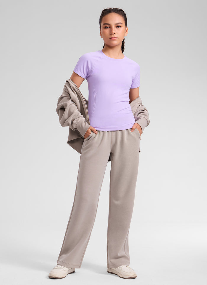 CRZ YOGA Girl's Seamless Crew Neck Hip Length Classic Fit Short Sleeve Elfin Purple