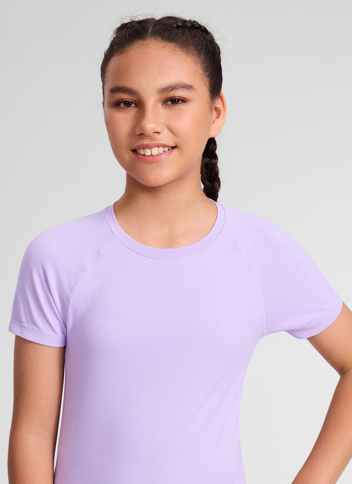 CRZ YOGA Girl's Seamless Crew Neck Hip Length Classic Fit Short Sleeve Elfin Purple