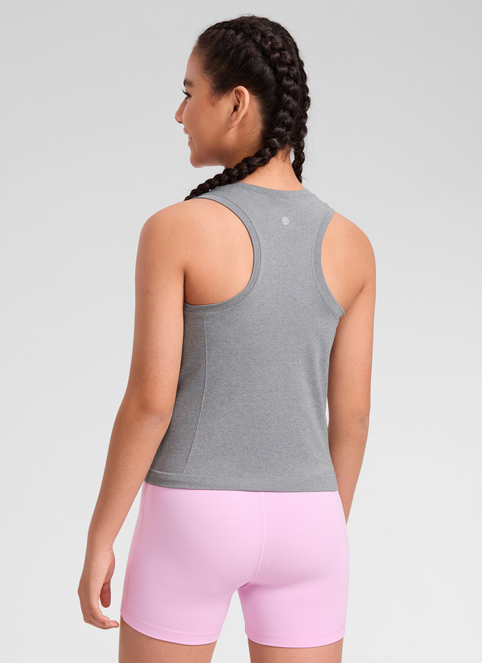 CRZ YOGA Girl's Seamless Casual Crewneck Racerback Waist Length Tank Slate Grey Marl