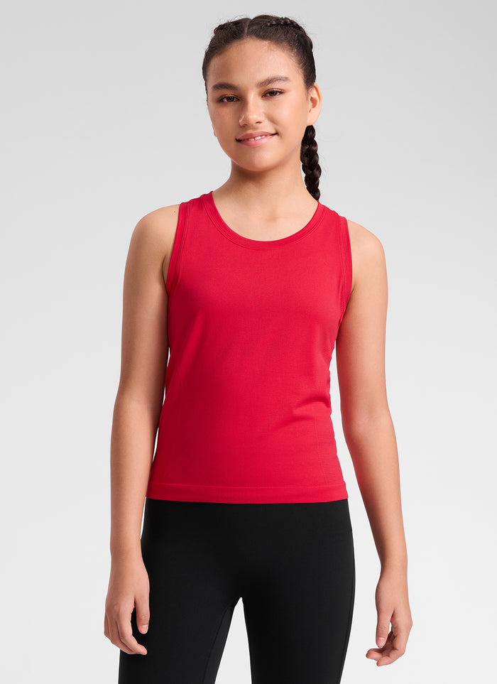 CRZ YOGA Girl's Seamless Casual Crewneck Racerback Waist Length Tank Aurora Red