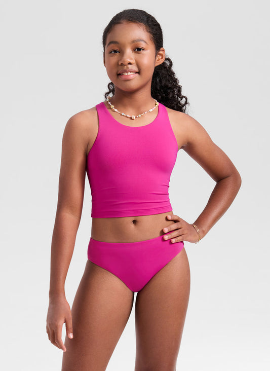 CRZ YOGA Girls Swim Bikini Set High Neck Racerback Tops and Bottoms Hibiscus Purple