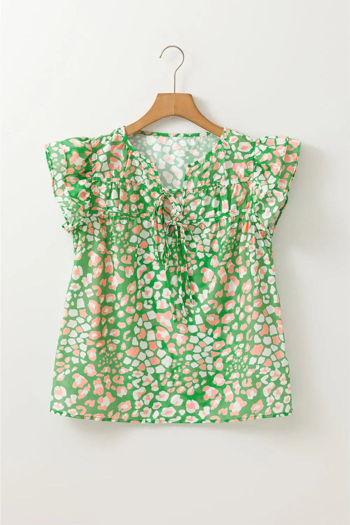 Green Abstract Leopard Tied Front Flutter Sleeve Blouse - Tops/Blouses & Shirts
