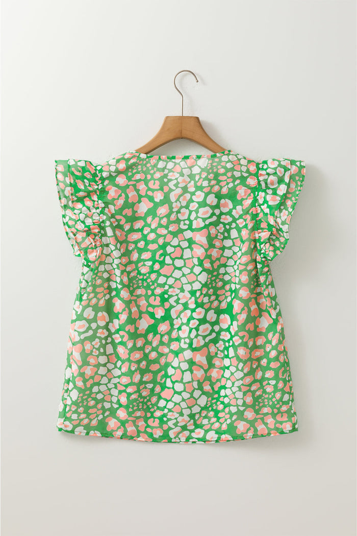 Green Abstract Leopard Tied Front Flutter Sleeve Blouse - Tops/Blouses & Shirts