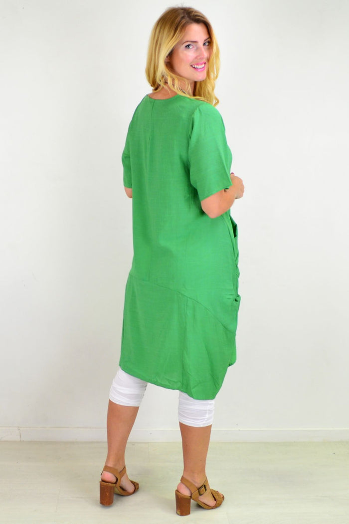 Green Grass Pocket Bubble Tunic Dress by La Mode, featuring a relaxed fit, bubble silhouette, and side pockets.